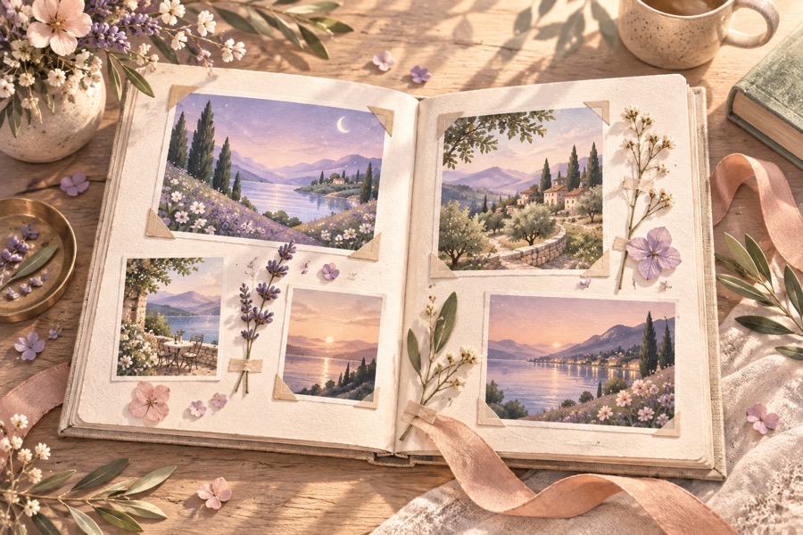 A shared photo album on a wooden table