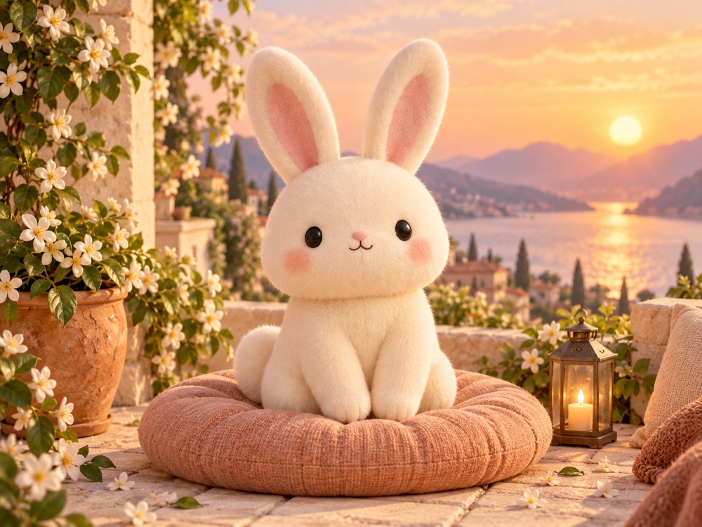 Pip, a cream bunny on a peach cushion